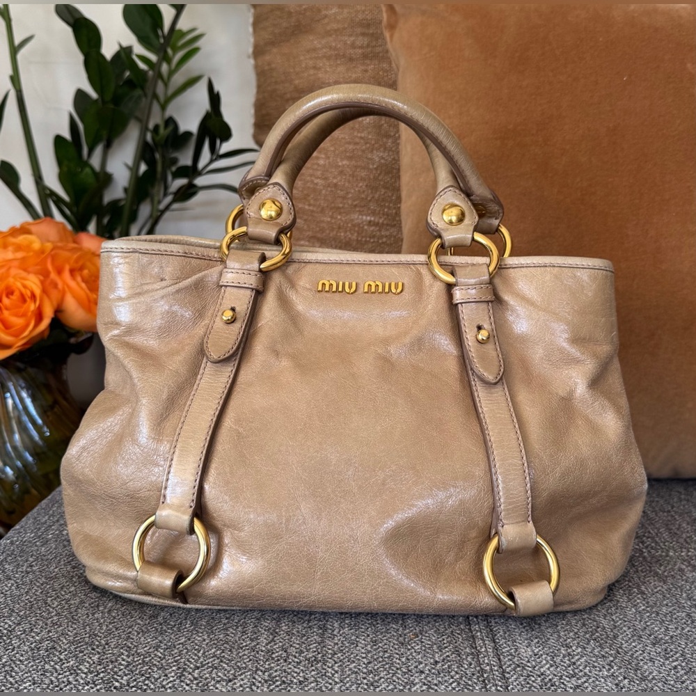 Miu Miu Vitello Lux Tan Leather Satchel with Gold Hardware